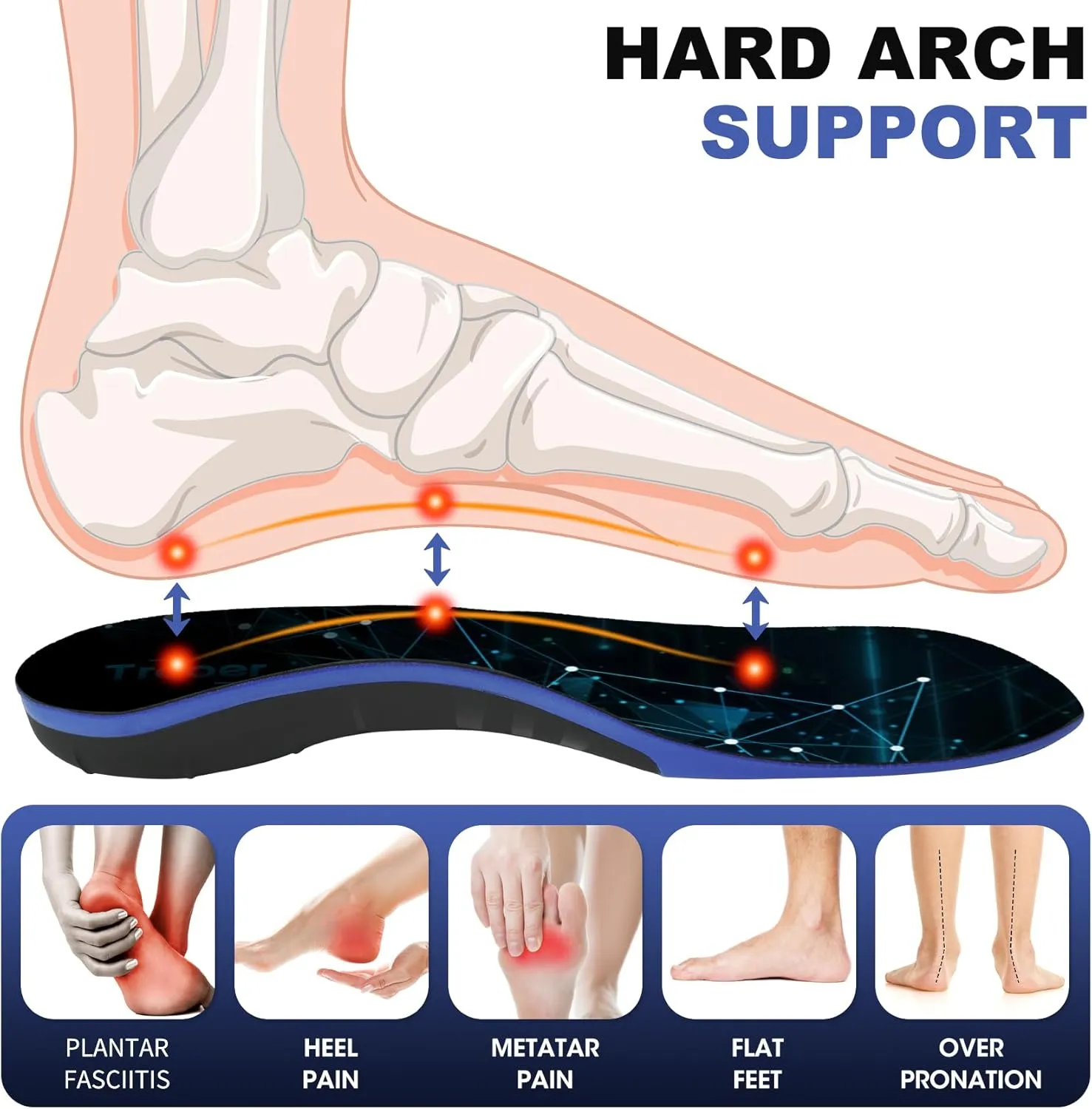 Plantar Fasciitis Insoles, 220  lbs High Arch Support Inserts for Men Women, Pain Relief Orthotic Heavy Duty Flat Feet Athletic Work Boot Insoles Standing All Day, Blue - XL