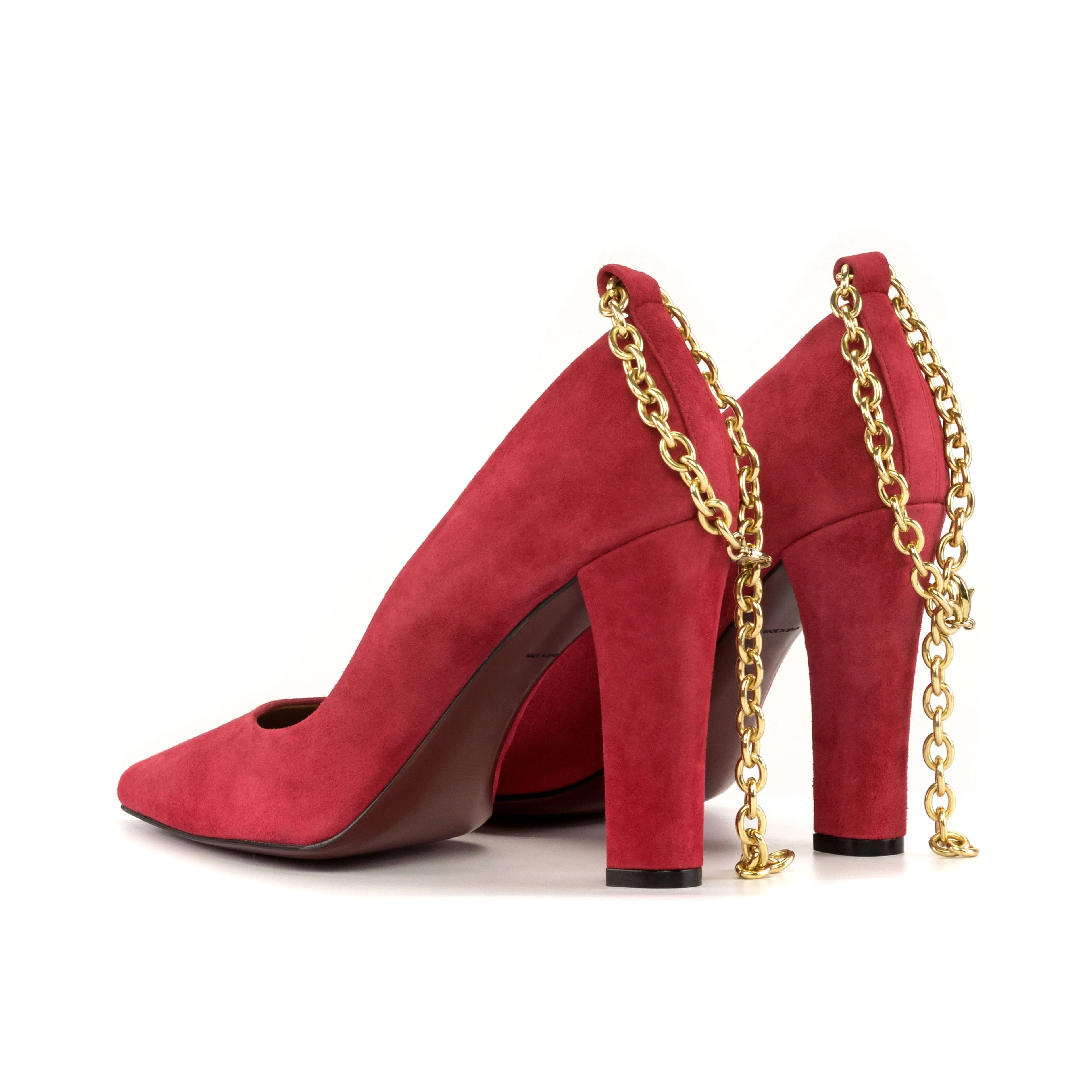 Red Suede High Heels with Gold Chain strap