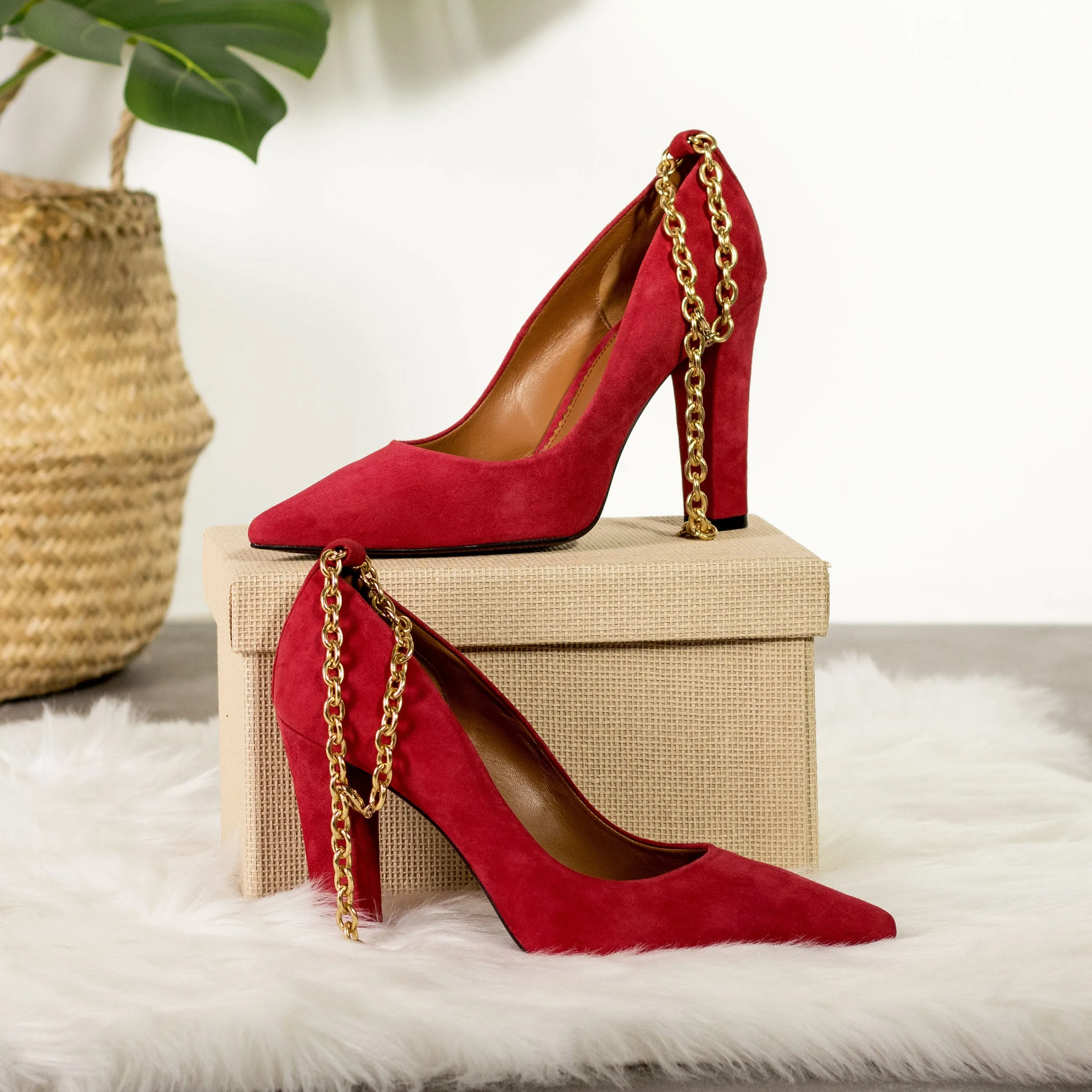 Red Suede High Heels with Gold Chain strap