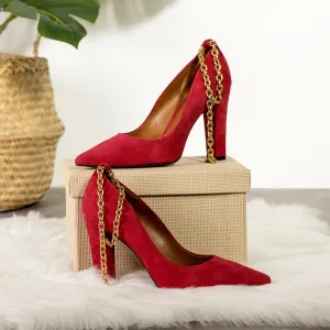 Red Suede High Heels with Gold Chain strap