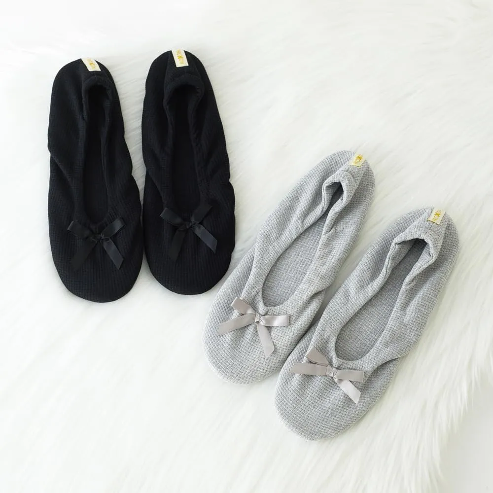 Roxoni Women's Flat Slip On Terry Classic Cotton & Velour Ballerina Slippers (Pack of 2)