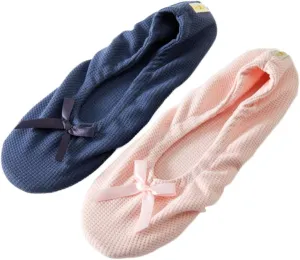 Roxoni Women's Flat Slip On Terry Classic Cotton & Velour Ballerina Slippers (Pack of 2)