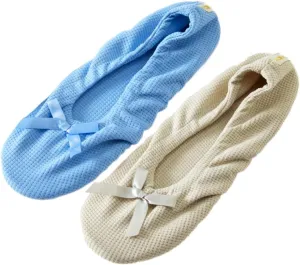 Roxoni Women's Flat Slip On Terry Classic Cotton & Velour Ballerina Slippers (Pack of 2)