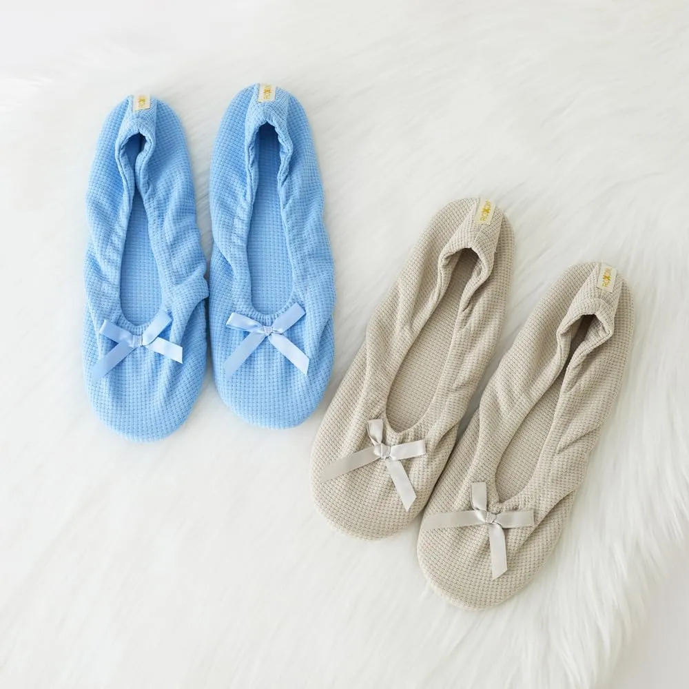 Roxoni Women's Flat Slip On Terry Classic Cotton & Velour Ballerina Slippers (Pack of 2)