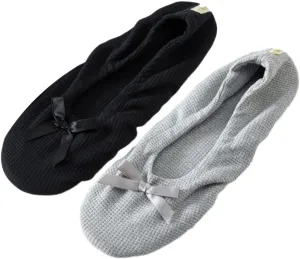 Roxoni Women's Flat Slip On Terry Classic Cotton & Velour Ballerina Slippers (Pack of 2)