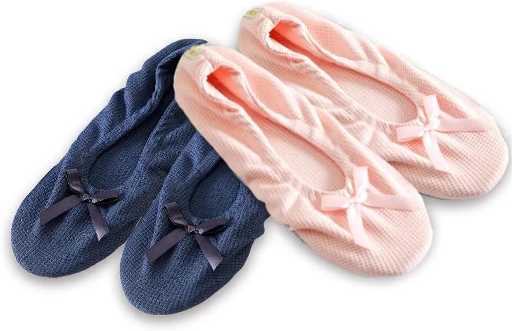 Roxoni Women's Flat Slip On Terry Classic Cotton & Velour Ballerina Slippers (Pack of 2)
