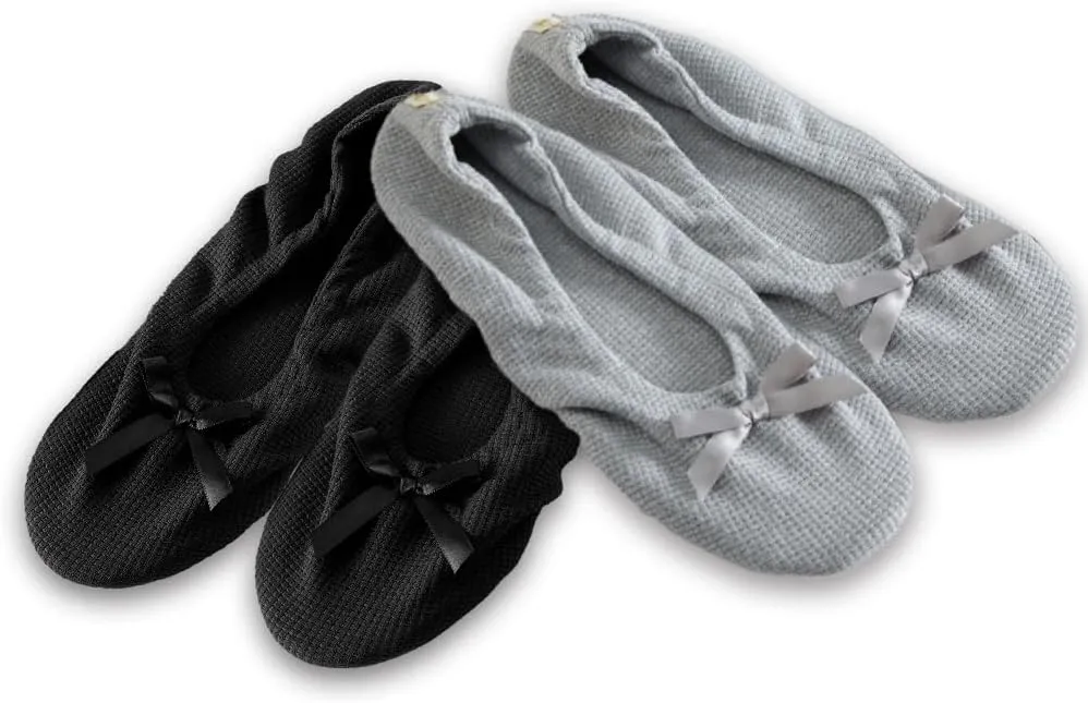 Roxoni Women's Flat Slip On Terry Classic Cotton & Velour Ballerina Slippers (Pack of 2)