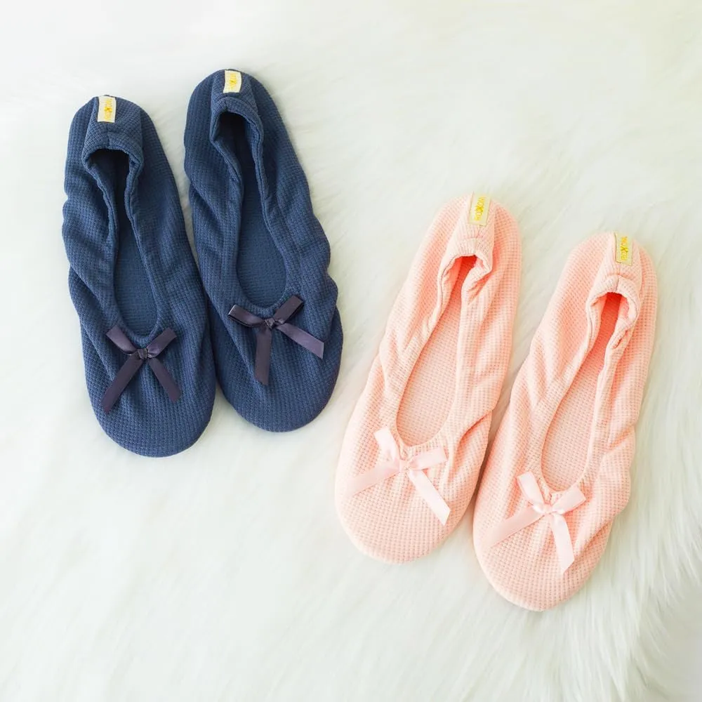 Roxoni Women's Flat Slip On Terry Classic Cotton & Velour Ballerina Slippers (Pack of 2)