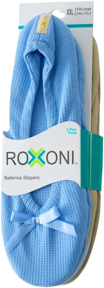 Roxoni Women's Flat Slip On Terry Classic Cotton & Velour Ballerina Slippers (Pack of 2)