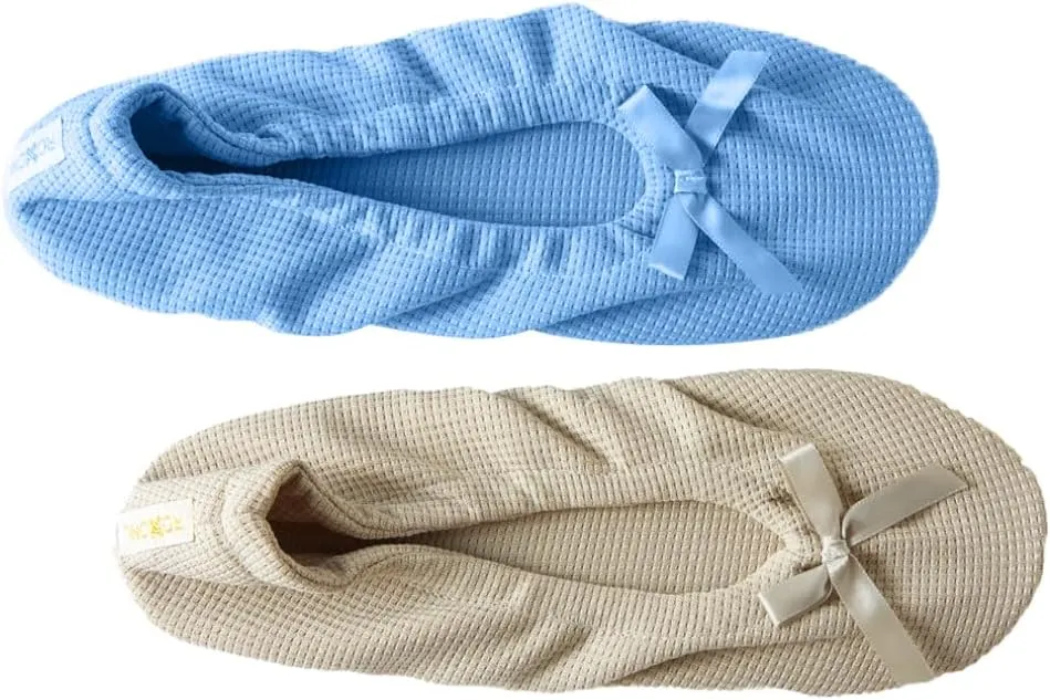 Roxoni Women's Flat Slip On Terry Classic Cotton & Velour Ballerina Slippers (Pack of 2)