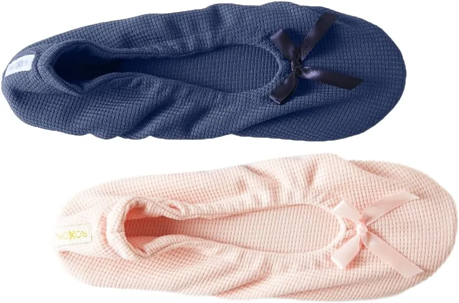 Roxoni Women's Flat Slip On Terry Classic Cotton & Velour Ballerina Slippers (Pack of 2)