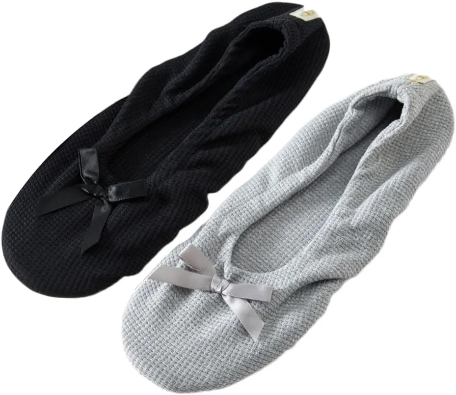 Roxoni Women's Flat Slip On Terry Classic Cotton & Velour Ballerina Slippers (Pack of 2)