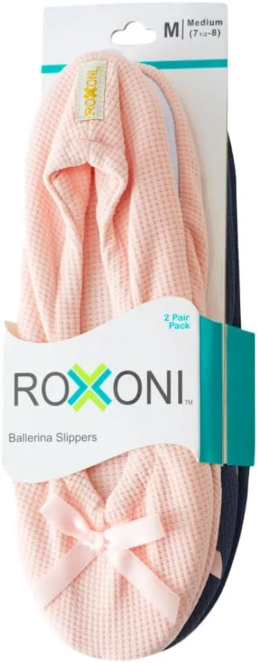 Roxoni Women's Flat Slip On Terry Classic Cotton & Velour Ballerina Slippers (Pack of 2)