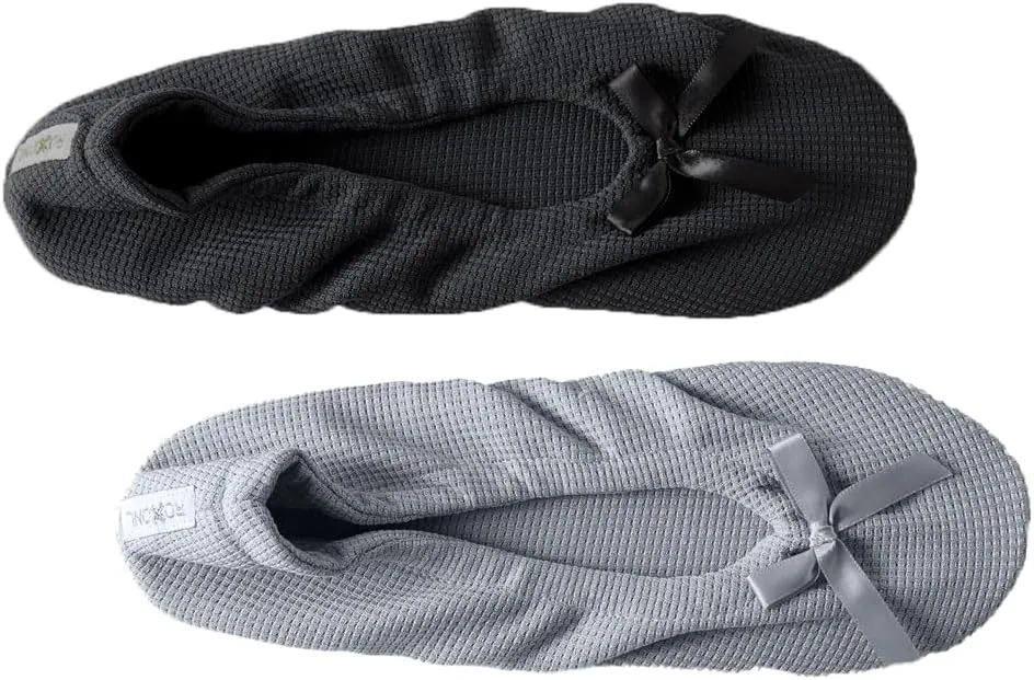 Roxoni Women's Flat Slip On Terry Classic Cotton & Velour Ballerina Slippers (Pack of 2)