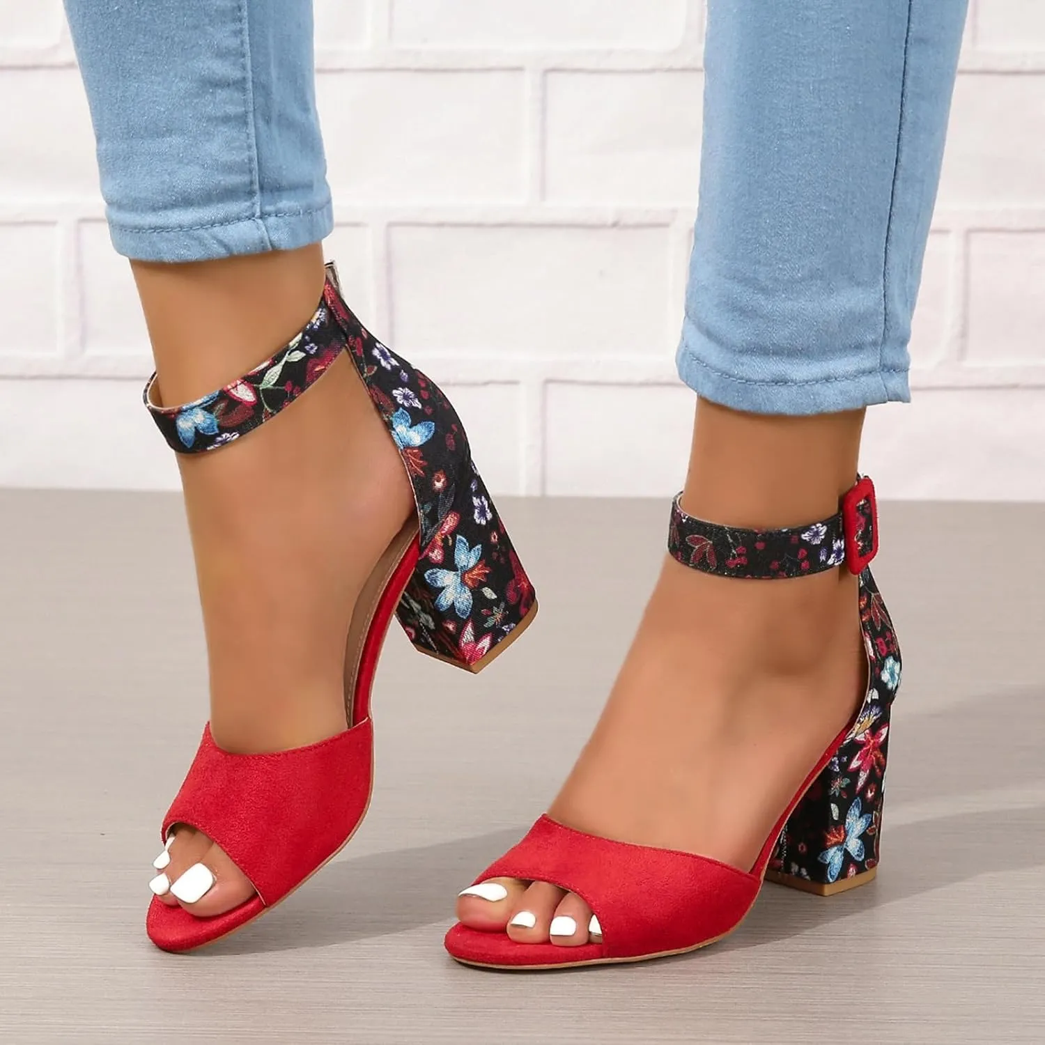 SACFOF Women's Chunky Low Heel Pump Sandals Peep Toe Ankle Strap Dress Wedding Party Evening Office Shoes Sandals