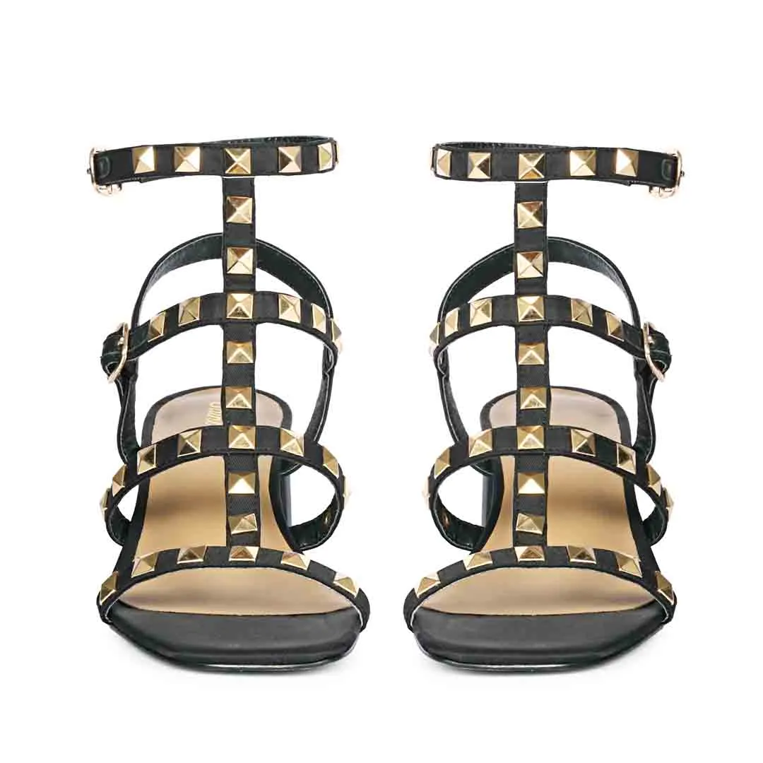 Saint Angela Metal Studded Double Buckle Black Heels