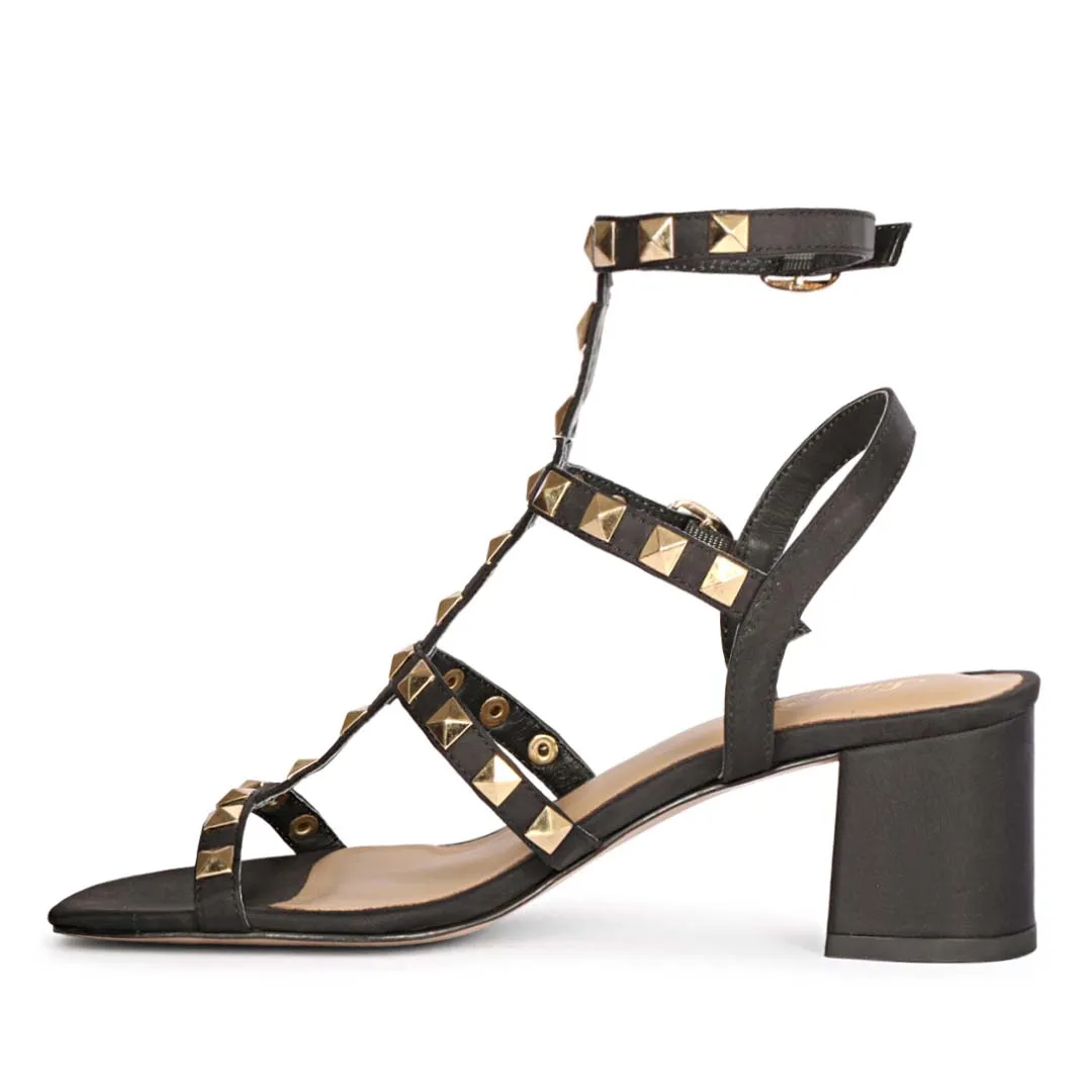 Saint Angela Metal Studded Double Buckle Black Heels