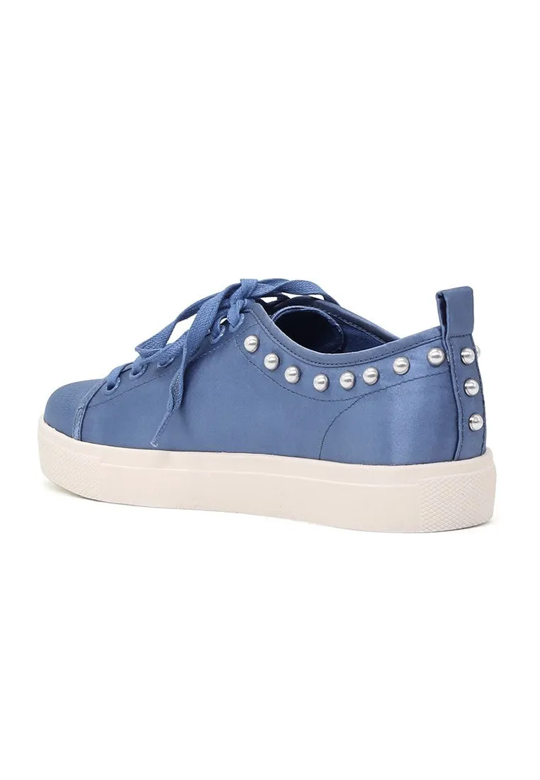 Shawna Blue Metallic Pearl Lace Up Sneakers