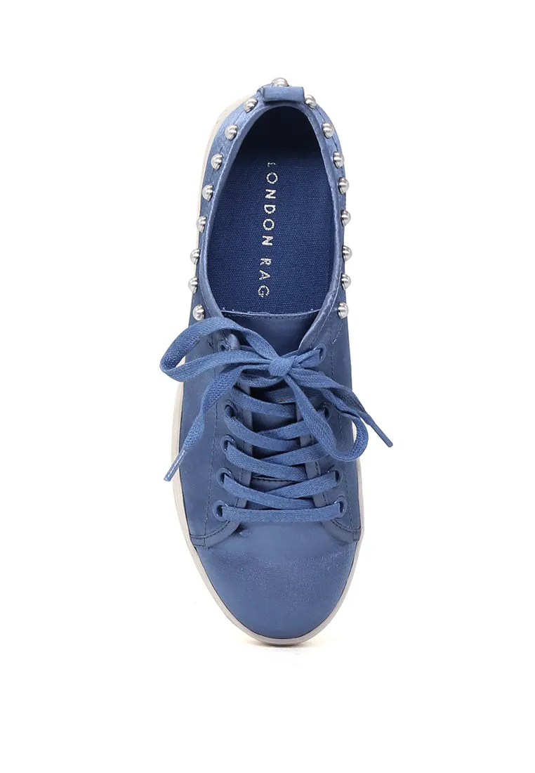 Shawna Blue Metallic Pearl Lace Up Sneakers