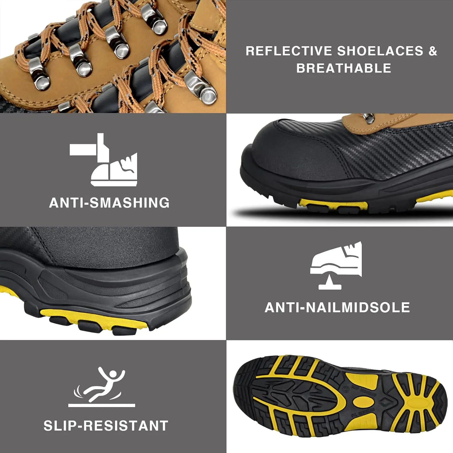 Steel Toe Work Boots for Men, Non-Slip Heavy Duty Leather EH Safety Construction Boots, Puncture Resistant, Breathable & Comfortable