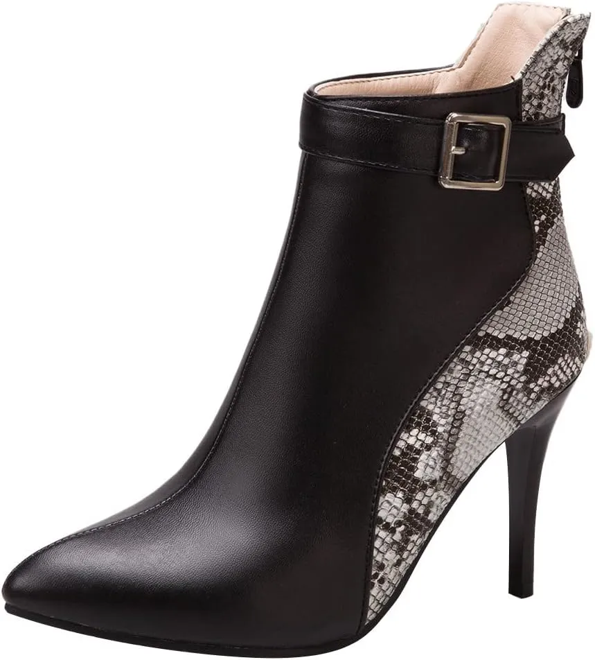 Stiletto Ankle Boots for Women - 2021 Fashion Pointed Toe Back Zipper Belt Buckle Snake Pattern Stitching Short Booties Casual High Heels Shoes
