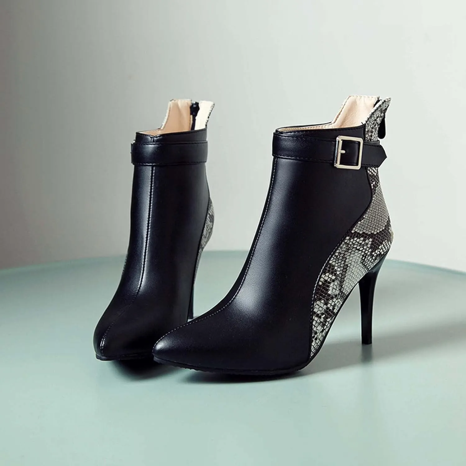 Stiletto Ankle Boots for Women - 2021 Fashion Pointed Toe Back Zipper Belt Buckle Snake Pattern Stitching Short Booties Casual High Heels Shoes