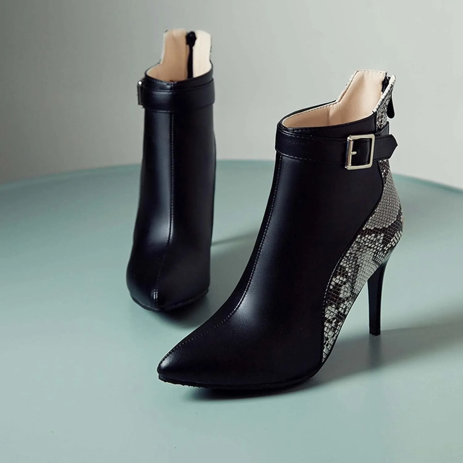 Stiletto Ankle Boots for Women - 2021 Fashion Pointed Toe Back Zipper Belt Buckle Snake Pattern Stitching Short Booties Casual High Heels Shoes