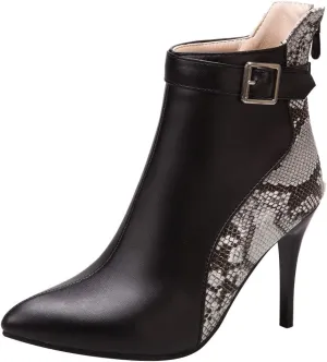 Stiletto Ankle Boots for Women - 2021 Fashion Pointed Toe Back Zipper Belt Buckle Snake Pattern Stitching Short Booties Casual High Heels Shoes