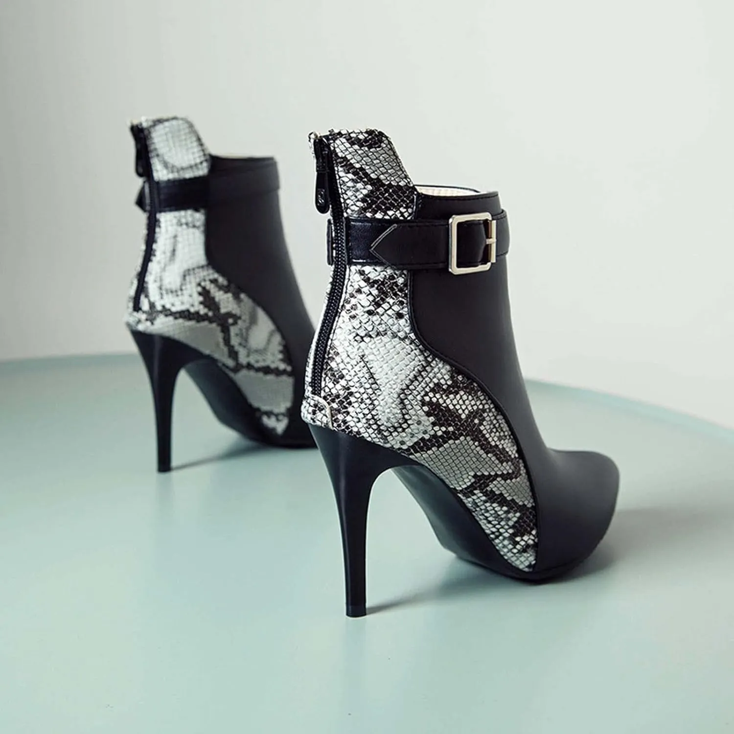 Stiletto Ankle Boots for Women - 2021 Fashion Pointed Toe Back Zipper Belt Buckle Snake Pattern Stitching Short Booties Casual High Heels Shoes