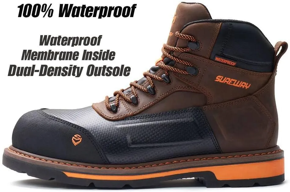 SUREWAY Composite Toe Heavy Duty Waterproof Work Boot, Mens 6" Goodyear Welt Oil/Slip Resistant Dual-Density Comfortable Outsole Leather Construction Industrial Safety Lace Up Work Boots - Brown
