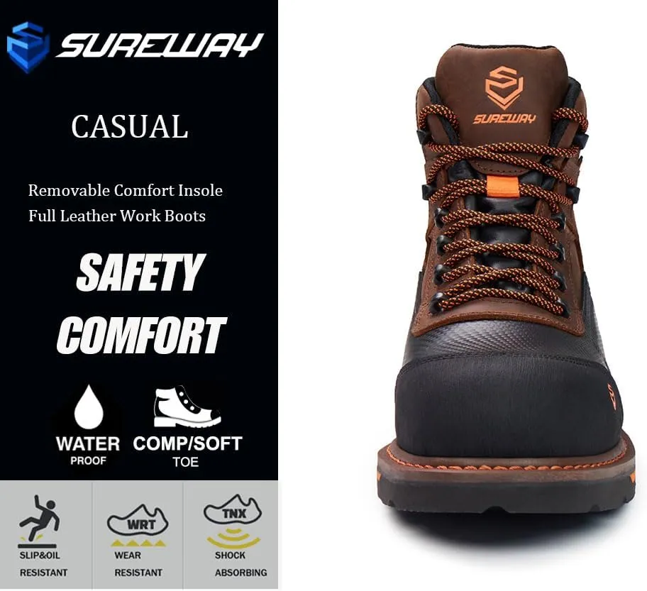 SUREWAY Composite Toe Heavy Duty Waterproof Work Boot, Mens 6" Goodyear Welt Oil/Slip Resistant Dual-Density Comfortable Outsole Leather Construction Industrial Safety Lace Up Work Boots - Brown
