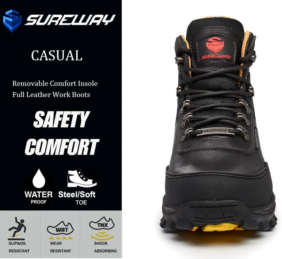 SUREWAY Men's 6" Soft/Steel Toe Heavy Duty Waterproof Work Boot - Leather,Lace Up,Oil/Slip Resistant Dual-Density Comfortable Outsole,EH Construction Industrial Ankle Safety Men Work Boots