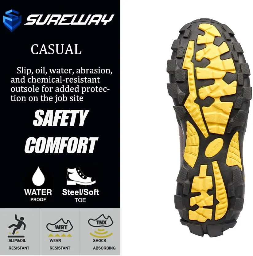 SUREWAY Men's 6" Soft/Steel Toe Heavy Duty Waterproof Work Boot - Leather,Lace Up,Oil/Slip Resistant Dual-Density Comfortable Outsole,EH Construction Industrial Ankle Safety Men Work Boots