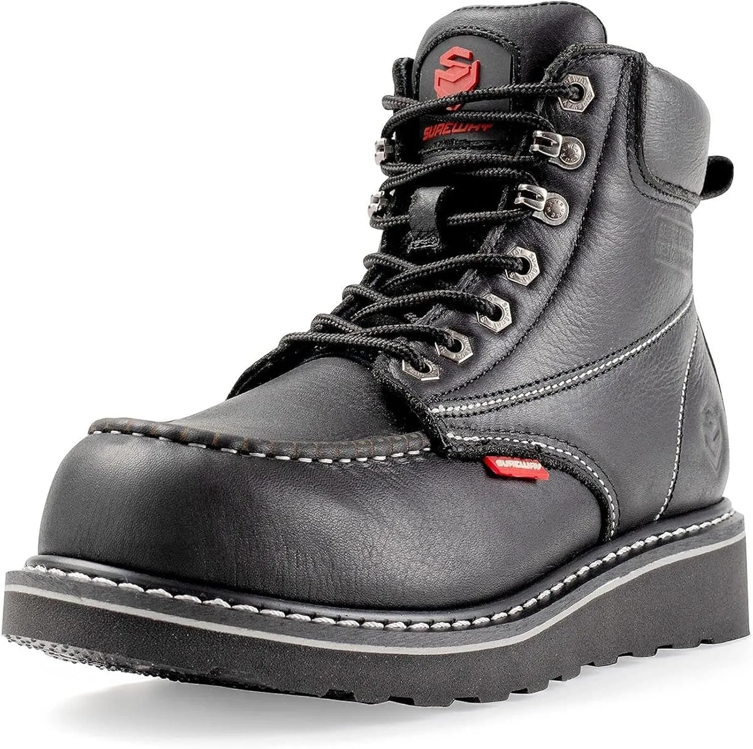 SUREWAY Mens Heavy Duty Soft/Composite/Steel Toe Work Boots for Men-Comfortable,Goodyear Welt,Full Grain Leather,6 in Wedge Moc Toe Construction Boots/Shoes,Waterproof Soft Toe Black,Size 9.5