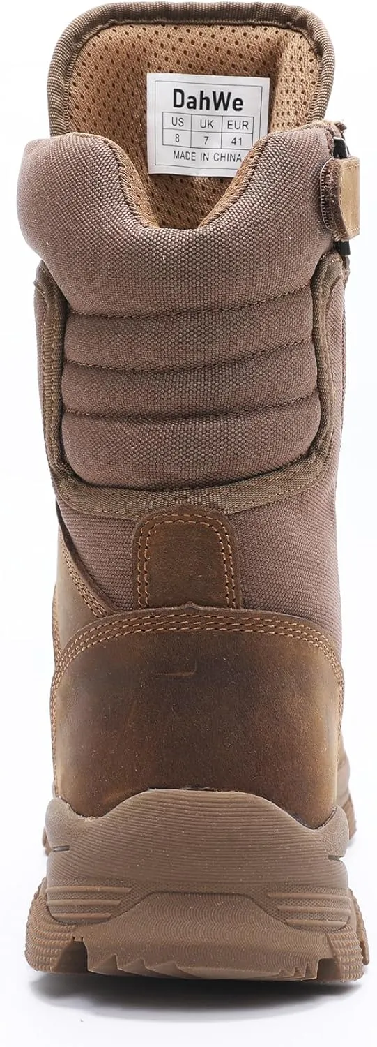 Tactical Steel Toe Boots for Men Side Zipper Non-Slip Puncture-Resistant Leather Military Combat Outdoor Heavy Duty Work Boots