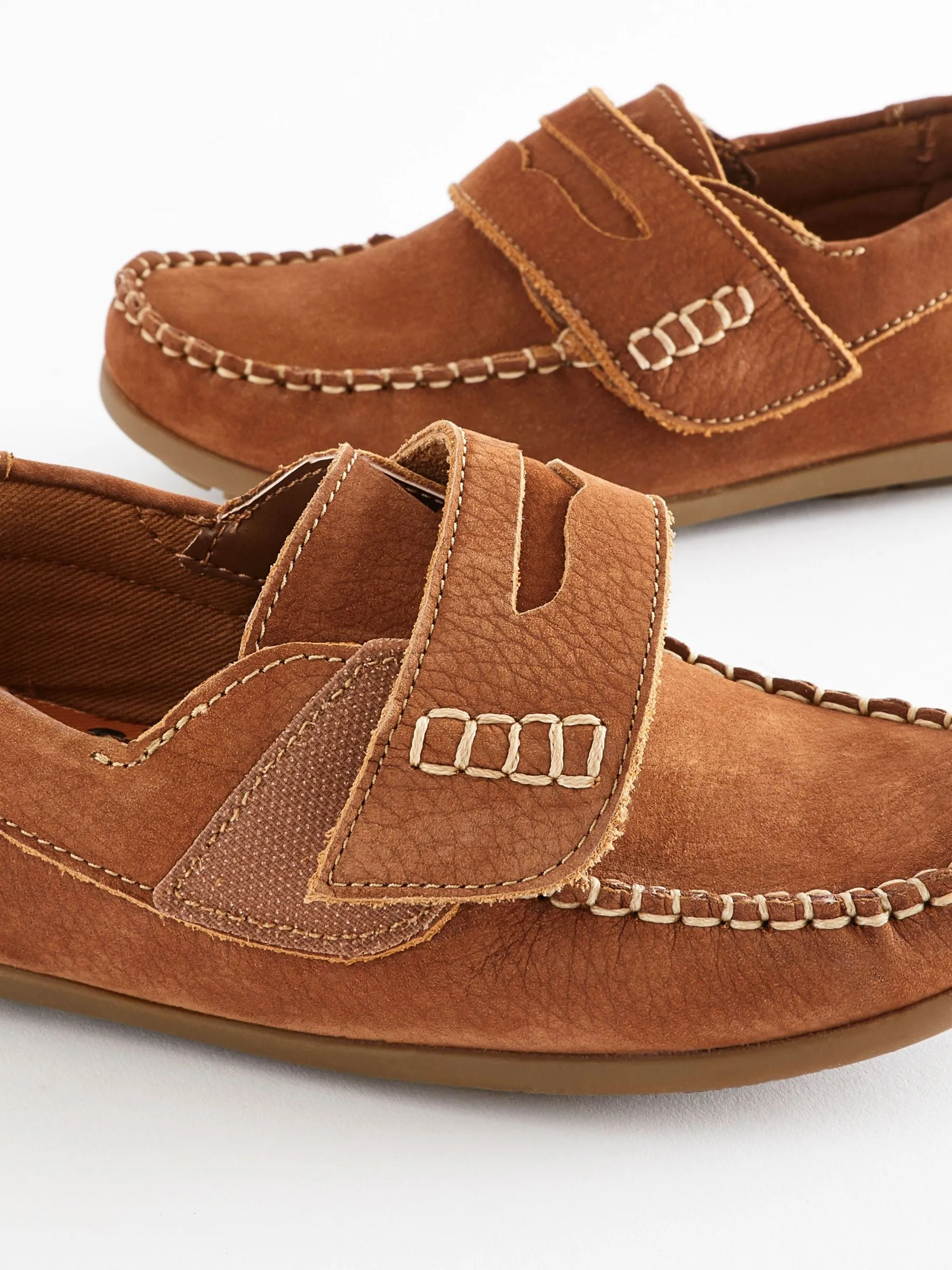 Tan Brown Wide Fit (G) Leather Penny Loafers with Touch and Close Fastening