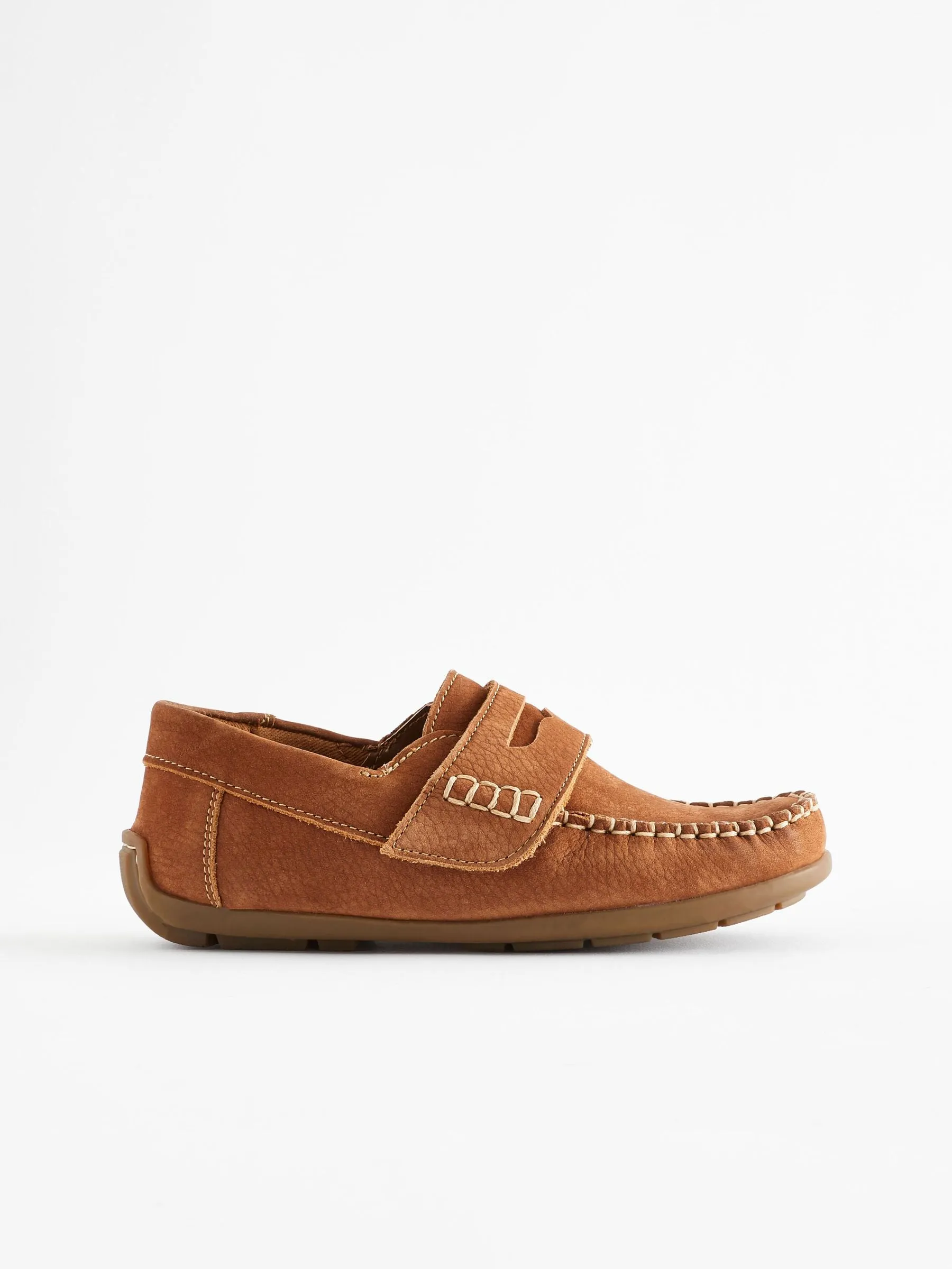 Tan Brown Wide Fit (G) Leather Penny Loafers with Touch and Close Fastening