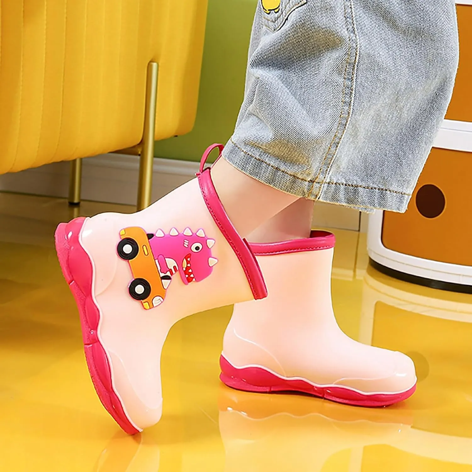 Toddler Kids Waterproof Cute Cartoon Dinosaur Printed Rain Boots Patterns Rubber Boots for Little Boys Toddler Shoes