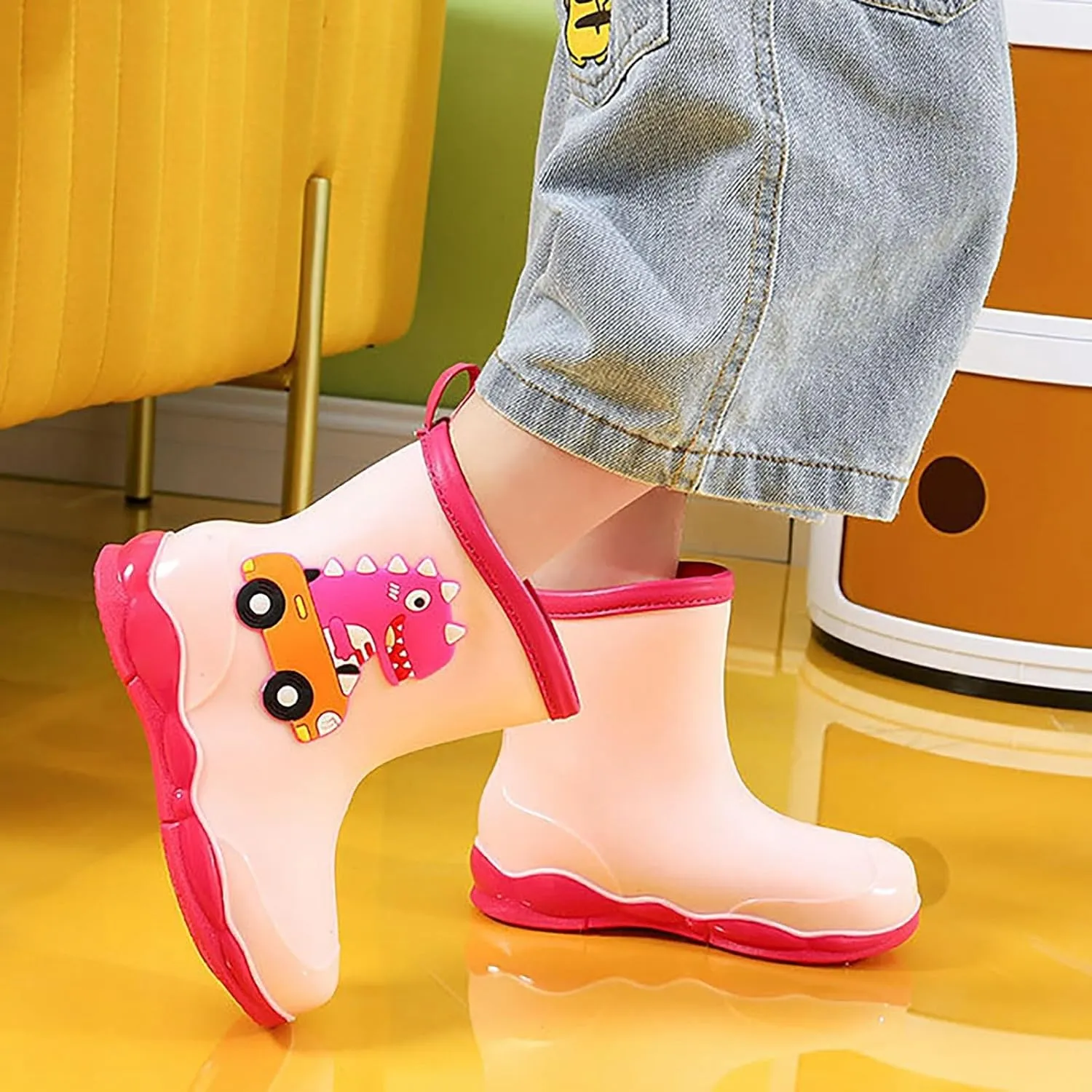 Toddler Kids Waterproof Cute Cartoon Dinosaur Printed Rain Boots Patterns Rubber Boots for Little Boys Toddler Shoes