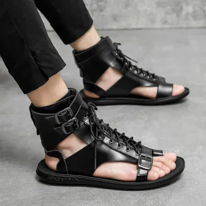 UGOSELEC Men's Leather Gladiator Sandals Roman Sandals,Casual Non-slip Breathable Lace Up Buckle Versatile High Top Beach Shoes