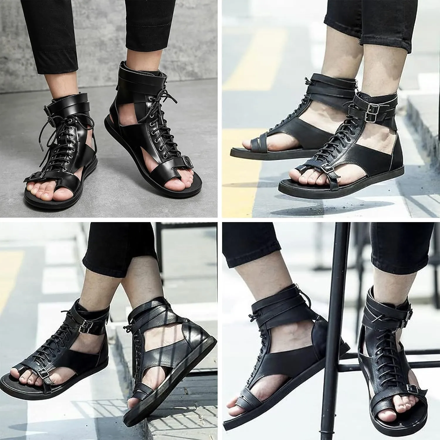 UGOSELEC Men's Leather Gladiator Sandals Roman Sandals,Casual Non-slip Breathable Lace Up Buckle Versatile High Top Beach Shoes