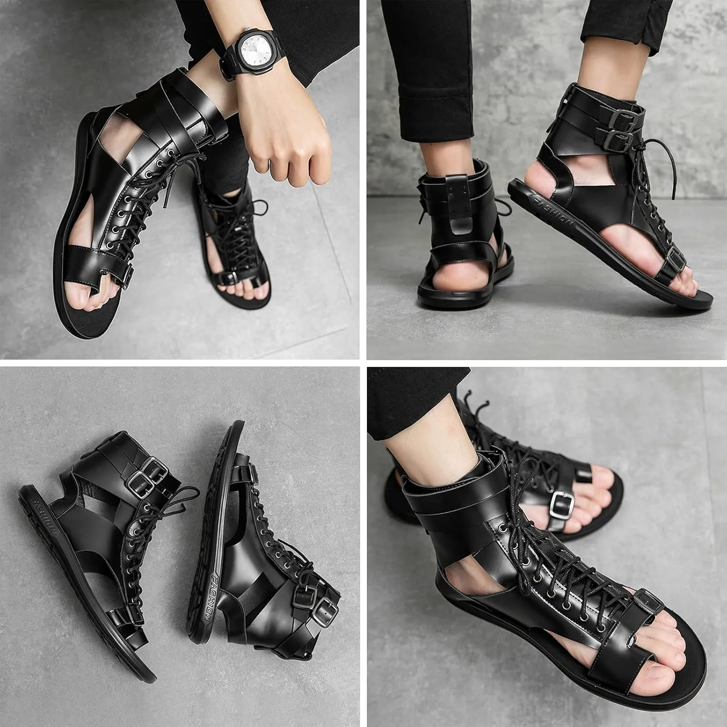 UGOSELEC Men's Leather Gladiator Sandals Roman Sandals,Casual Non-slip Breathable Lace Up Buckle Versatile High Top Beach Shoes