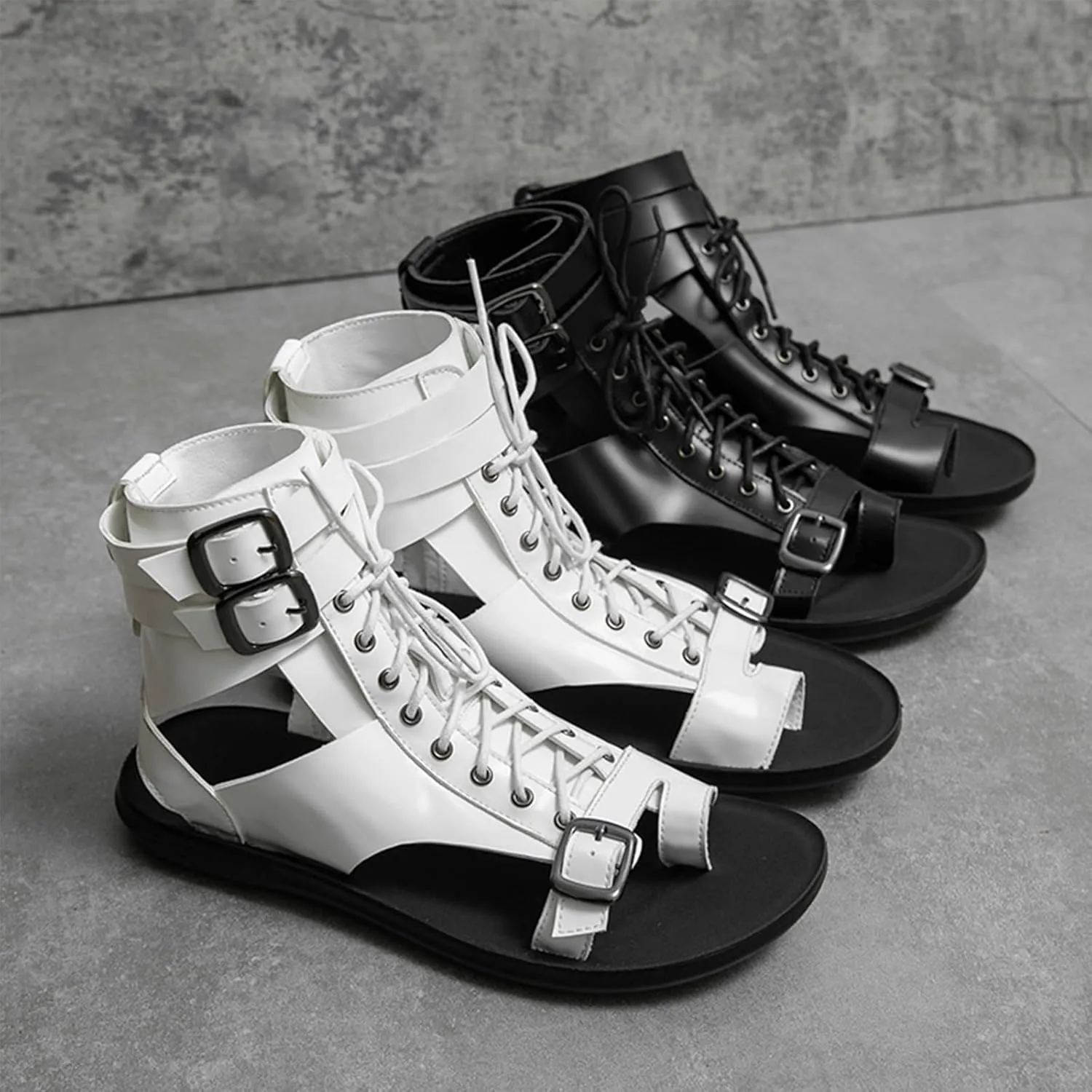 UGOSELEC Men's Leather Gladiator Sandals Roman Sandals,Casual Non-slip Breathable Lace Up Buckle Versatile High Top Beach Shoes