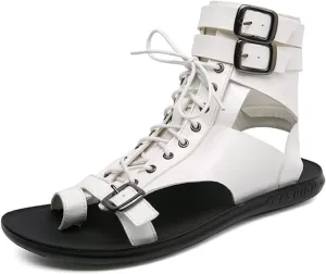 UGOSELEC Men's Leather Gladiator Sandals Roman Sandals,Casual Non-slip Breathable Lace Up Buckle Versatile High Top Beach Shoes