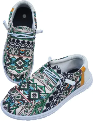 Unisex Aztec Pattern Canvas Loafers Elastic Strips Closure Slip-on Sneakers Comfort Easy-Walking Boat Couple Shoes Ultralight Breathable Sports Shoes for Women/Men Adults/Teenagers, Green/Blue/Yellow