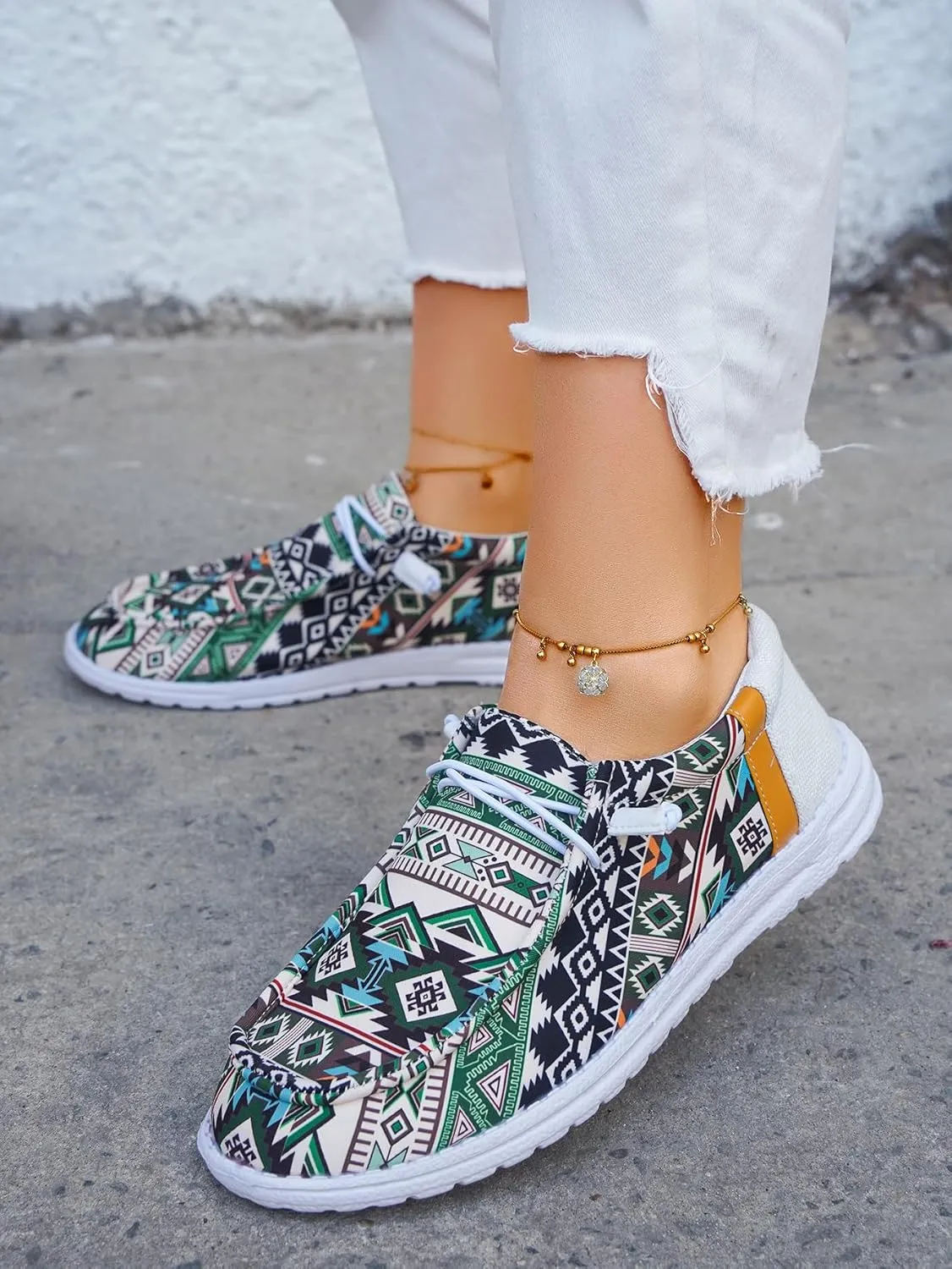 Unisex Aztec Pattern Canvas Loafers Elastic Strips Closure Slip-on Sneakers Comfort Easy-Walking Boat Couple Shoes Ultralight Breathable Sports Shoes for Women/Men Adults/Teenagers, Green/Blue/Yellow