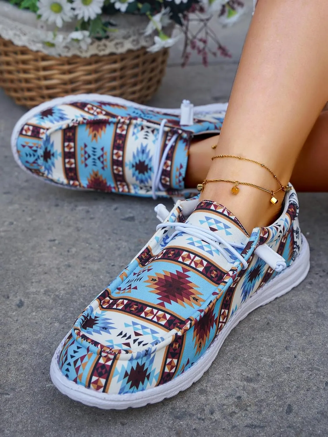 Unisex Aztec Pattern Canvas Loafers Elastic Strips Closure Slip-on Sneakers Comfort Easy-Walking Boat Couple Shoes Ultralight Breathable Sports Shoes for Women/Men Adults/Teenagers, Green/Blue/Yellow