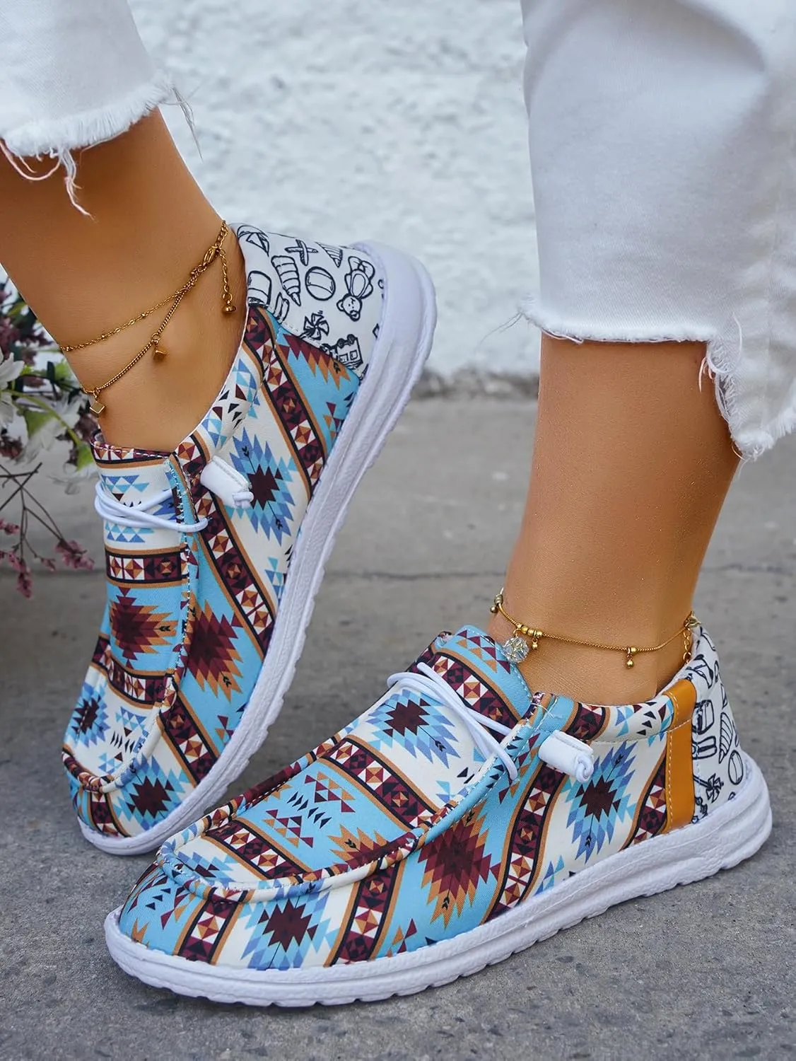 Unisex Aztec Pattern Canvas Loafers Elastic Strips Closure Slip-on Sneakers Comfort Easy-Walking Boat Couple Shoes Ultralight Breathable Sports Shoes for Women/Men Adults/Teenagers, Green/Blue/Yellow