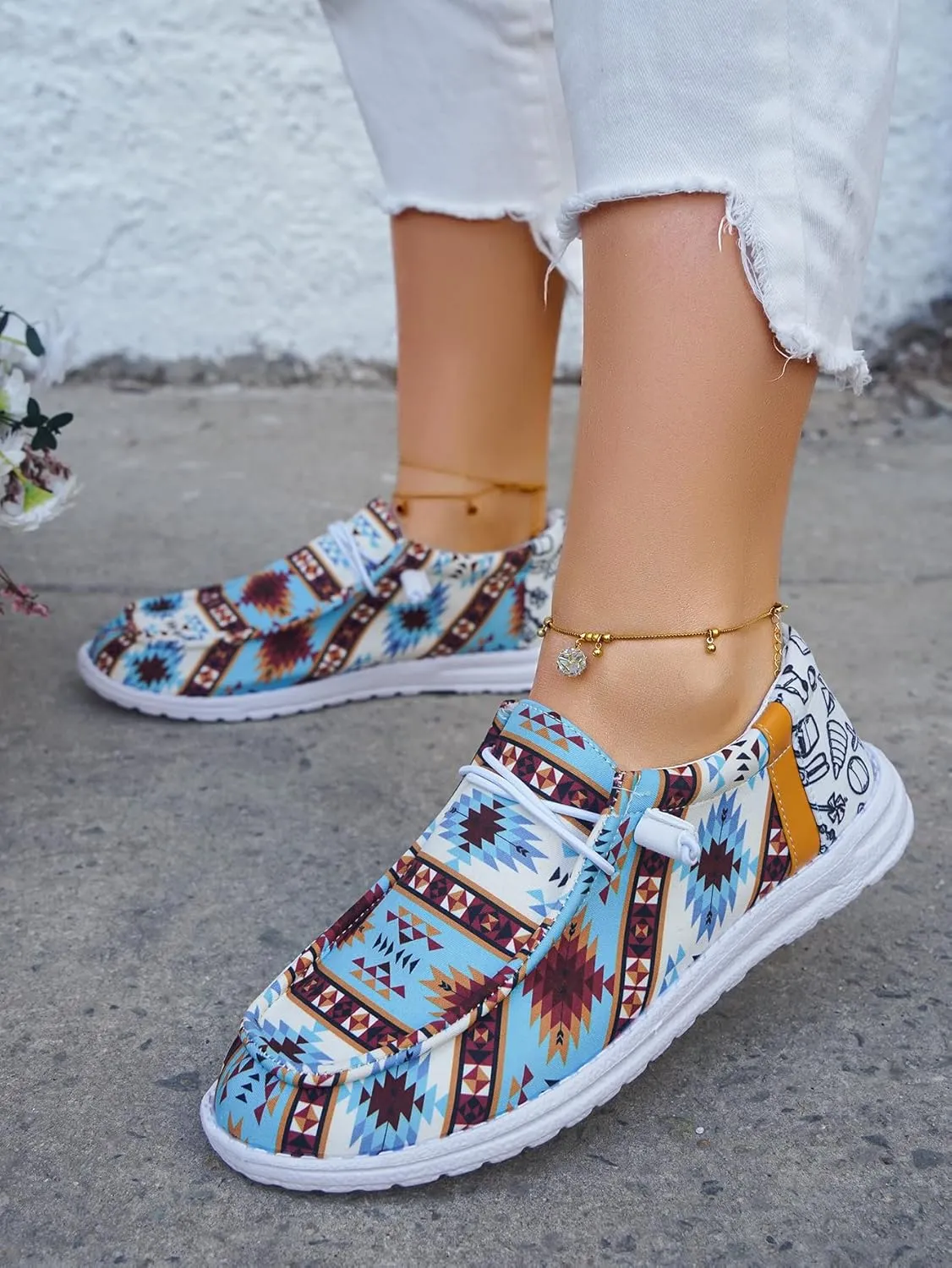 Unisex Aztec Pattern Canvas Loafers Elastic Strips Closure Slip-on Sneakers Comfort Easy-Walking Boat Couple Shoes Ultralight Breathable Sports Shoes for Women/Men Adults/Teenagers, Green/Blue/Yellow