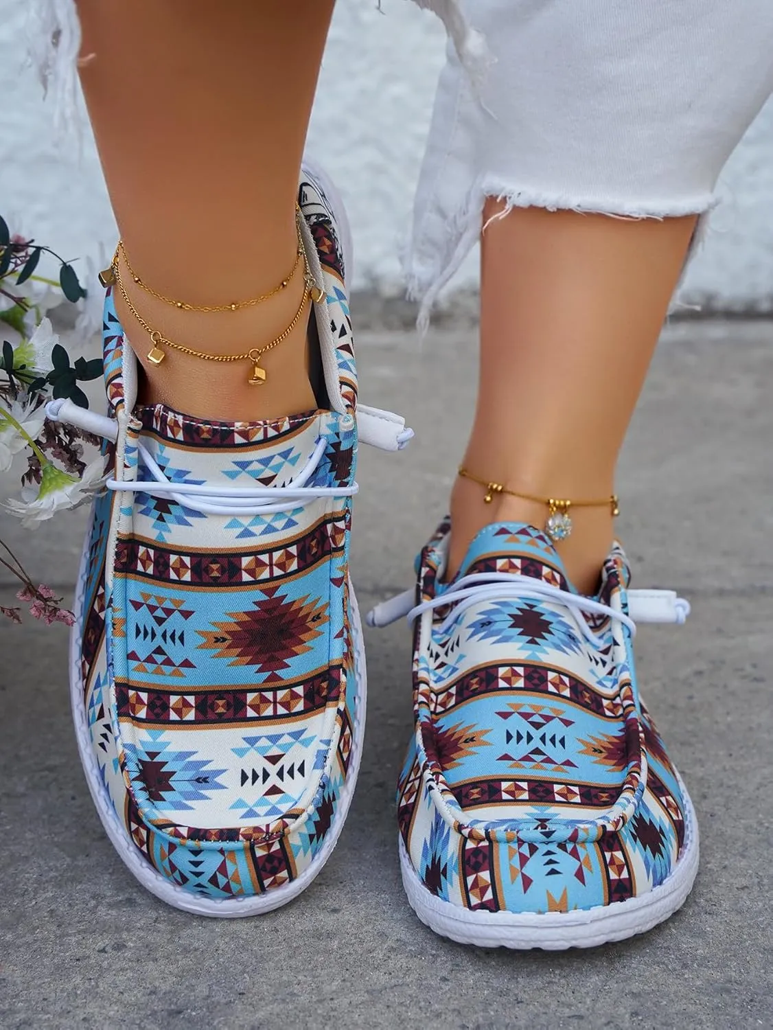 Unisex Aztec Pattern Canvas Loafers Elastic Strips Closure Slip-on Sneakers Comfort Easy-Walking Boat Couple Shoes Ultralight Breathable Sports Shoes for Women/Men Adults/Teenagers, Green/Blue/Yellow